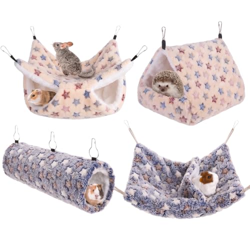 MCEAST 4 Pieces Small Pets Cage Accessories Hanging Hammock Sleeping Bag Tunnel and Bed Hideout Set Warm Sleep Nap Sack Bed for Hamster Ferret Squirrel Rabbit, Light Brown and Gray Stars - style: Brown+Gray Stars