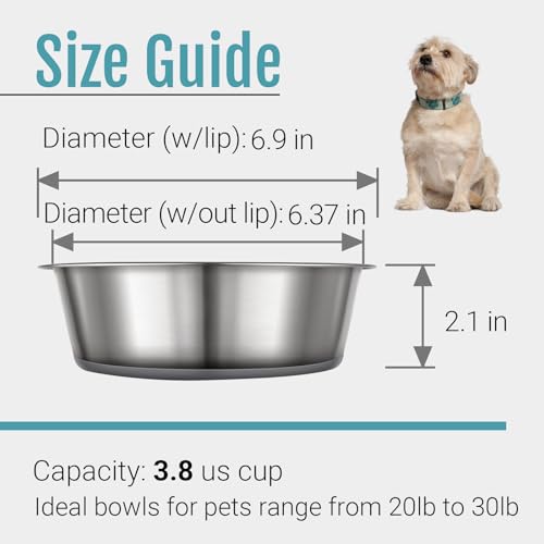 Nonslip Stainless Steel Dog Bowls, 3.8 US Cup, 2 Count | No slide silicone bottom, Dishwasher safe, Easy to clean, Stackable design - size: 3.8 Cup