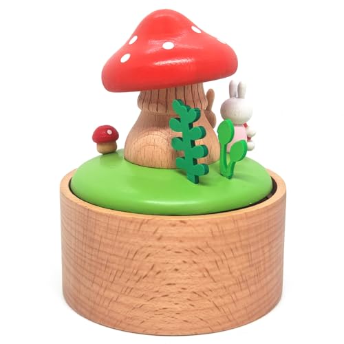 Mushroom House Mini Music Box, Palm Sized Rabbit Mushroom Wooden Mechanical Musical Box, for Mother Friend Grandmother