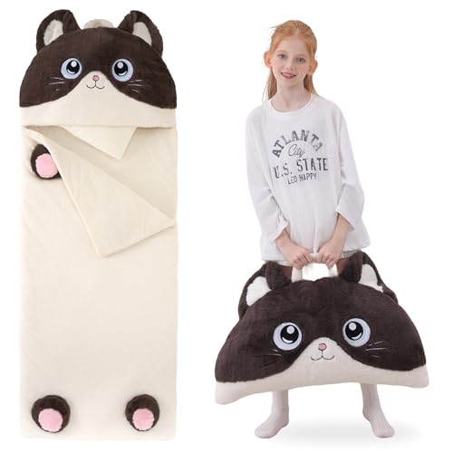 70" 4.2lbs Kids Sleeping Bag with Pillow Brown Cat Toddler Nap Mat | Sleep Sack 2-in-1 Sleeping Mat&Blanket Washable Rolls Up W/Handle For Daycare Kindergarten Thick Soft & Portable In Gift Box - color: Cat-Brown
