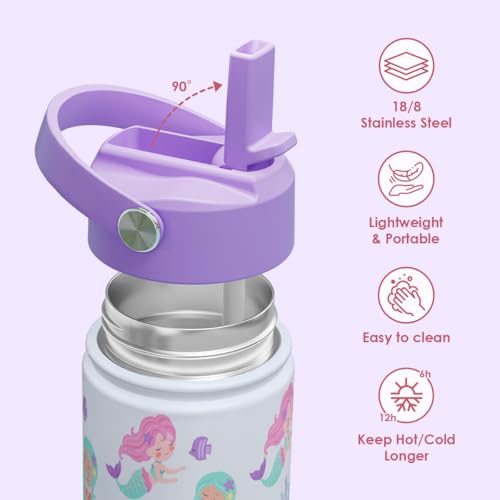 SANDJEST Kids Water Bottle with Straw Lid, Pack of 2 Insulated 12 Oz Stainless Steel Water Bottles for Girls, Travel Cup for School Sports, Bow - Mermaid - color: Bow - Mermaid (Pack 2)