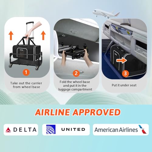 Small Pet Carrier 18"x11"x11" with Wheels Airline Approved, Black | for Delta/American/United Airlines, Lockable Safety Zippers and Anti-Scratch Mesh, Pets Under 10 lbs - color: Black and Wheeled, size: 18.0"L x 11.0"W x 11.0"H