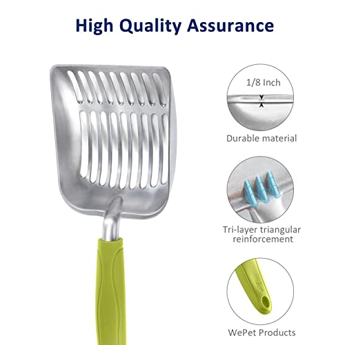 Cat Litter Scoop, Aluminum Alloy Sifter, Kitty Metal Scooper, Deep Shovel, Long Handle, Poop Sifting, Kitten Pooper Lifter, Durable, Heavy Duty, for Litter Box - color: FLAT Aluminum \ #03 Green Handle, size: Small