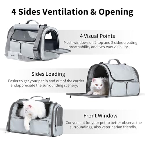 FUKUMARU Cat Carrier, Airline Approved Dog Carrier with Rollable Cover | Breathable Soft Cat Carrier, Multiple Doors & 4 Storage Pockets Cat Travel Bag, Durable Pet Carrier for Cat Under 15 lb, Grey - color: Ash Grey