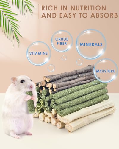 Bissap 60 PCS Rabbit Chew Sticks, Sweet Bamboo Timothy Hay Chew Stick Papaya Stems Apple Branch Bunny Chews for Rabbit Hamster Chinchilla Guinea Pig Small Pet Natural Molar Treats