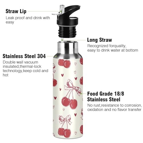 Red Bow Cherry Water Bottle Girls Kids Stainless Steel with Straw Lid | Leak Proof Water BottleBoys Girls Insulated Tumbler Cup for School 20 oz - color: Multi19