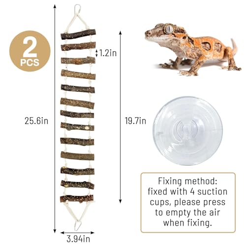 VCEPJH 2pcs Reptile Bridge Leopard Gecko Climbing Ladder Wooden Basking Lounger Reptile Tank Accessories for Hermit Crab Juvenile Bearded Dragon Chameleon Small Lizard (Fruit Wood)