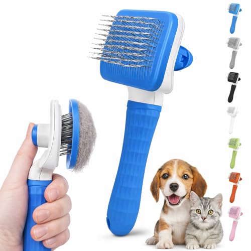 Generic Pet Grooming Brush, Blue - Self Cleaning Hair Brush for Dogs and Cats, Removes Loose Undercoat, Bristles with Massage Particles, Ergonomic Handle, For Long or Short Hair Breeds - color: Blue
