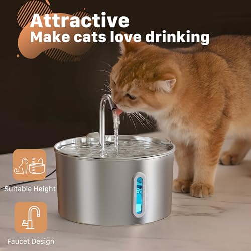 Cat Water Fountain Stainless Steel: 2.2 L Cat Fountain for Drinking - Automatic Pet Water Fountain for Cats Inside - Metal Cat Dog Water Dispenser Bowl with Faucet Water Level Window Ultra Quiet Pump | Automatic Metal Pet Water Fountain for Cats Inside, C