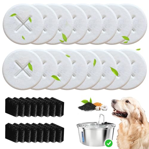 16+16 Pack Replacement Filters Compatible with Pawccoli 7L/1.8Gal Dog Water Fountain Stainless Steel, Includes 16 Filters & 16 Sponges
