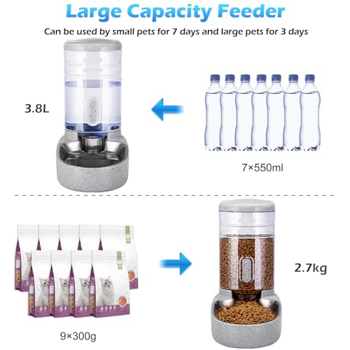 Automatic Cat Feeder and Water Dispenser with Stainless Steel Bowl Gravity Food Feeder and Waterer Set for Small Medium Dog Puppy Kitten 1 Gallon x 2(Grey) - color: Stainless Steel-Grey