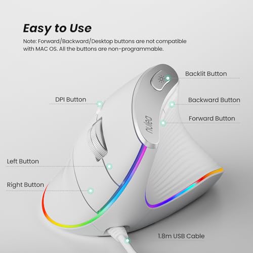 Nulea M504 Wired Vertical Mouse, USB Ergonomic Optical Mouse with 4 Adjustable DPI, 11 RGB Backlight Modes, Compatible for Laptop, PC, Desktop, Mac, White - color: C-White