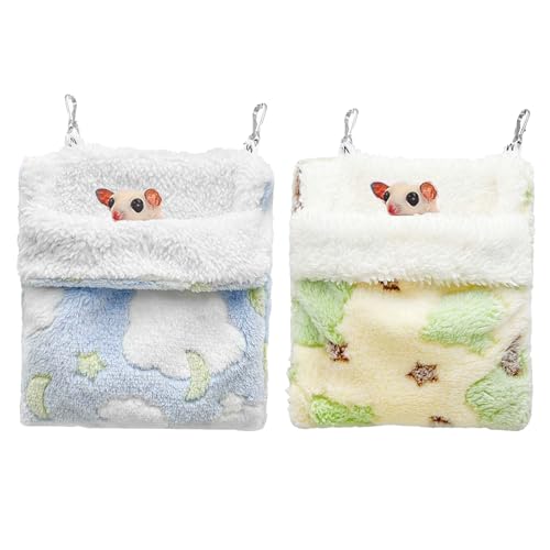 Meow&Woof Sugar Glider Bed Pouch, Small Animal Carrier Bag, 2PC Ferret Bedding Hammock, Hamster Cage Accessories for Rat, Squirrel and Chinchilla (Blue&Green)