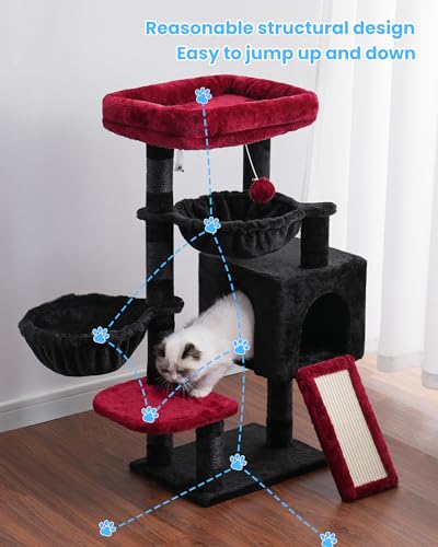 Hey-brother Cat Tree Tower With Large Bed, Hammocks, Scratcher, MPJ006SBR - color: Black and Red, size: 35.4 inch