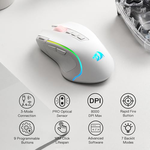 Redragon M612 Wireless RGB Optical Gaming Mouse 8000 DPI Remapping Keys | Cable-Free 0 Delay, Redefine Keybinding Macro, Vibing Backlight, Ergonomic Grip Body Comfort - color: White, style: Wireless