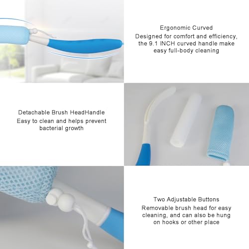 Back Scrubber for Shower,15.35" Long Handle Shower Brush for Body | Back Brush for Shower for Men Women, Long Handled Bath Sponge for Deep Clean,Exfoliating,Anti-Slip Curve Handled - size: Green Blue