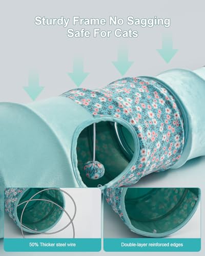 Cat Tunnel, 3 Straight Shaped Tunnels 6 DIY Shapes with Wand Toys, No Noise Scratch Resistant Cool Linen Fabric, Interactive Pet Tunnel Tube for Indoor Cats, Puppy and Rabbits - color: Blue Flower