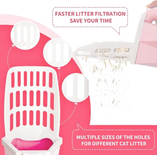 Cat Litter Scooper with Holder, 150 Poop Bags & Built-in Storage Box, Pink | One-Touch Detach, Integrated Design, Quick-Change Bag, Multi-Size Holes, One-Hand Operation, Large Capacity Trash Can