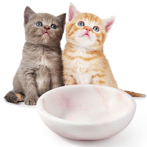 Natural Marble Cat Bowl, Weighted 1.5lb Cat Food Bowl for Cat and Small Dog, Small Animal Pet Food Dish Non-Slip, Shallow Cats Dish for Whisker Fatigue Relief, Premium Pink Stone for Home Decor - color: Pink