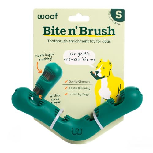 WOOF Bite n' Brush Dog Dental Chew Toy for Small Dogs 10-25 lbs | Dog toothbrush toy, V-shaped design, reusable, easy to clean, dental dog toy - size: Small