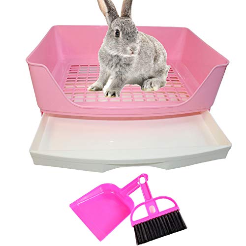 PINVNBY Large Rabbit Litter Box Bigger Pet Litter Pan Trainer with Drawer Corner Toilet Box for Adult Guinea Pigs Chinchilla Ferret Hedgehog Small Animals(Pink) - color: Pink