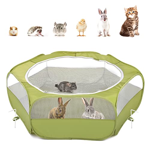Pawaboo Small Animal Playpen with Zippered Cover,Green | Portable pop-up pet tent for supervised rabbits, guinea pigs, chicks and kittens; water-resistant bottom and 3 metal rods - color: A-Green