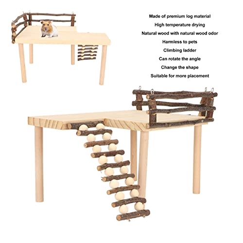 Estink Small Animal Wooden Climbing Platform Set with Ladder and Fence | Natural Log Hideout, 11.8 Inch Wide Platform, Climbable Ramp for Dwarf Hamster Gerbil Mouse, Rustic Cage Decor Playgroun