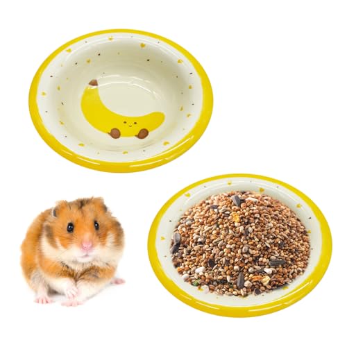 kathson Hamster Ceramic Food Bowl Small Animal Bowls with Banana Pattern for Cage Guinea Pig Anti-Turning Food and Water Dish Pet Feeder for Gerbil Hedgehog 2PCS