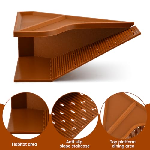 Hermit Crab Cave Habitat with Climbing Tunnel, 2-in-1 Cave Shelter & Feeding Dish, Textured Climbing Ramp & Viewing Window, Reptile Tank Accessories for Turtles, Lizards(Brown)