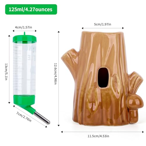 4.27oz(125ML) Stump-Shaped Ceramic Hamster Water Bottle (Green) | Leak Proof Small Animal Waterer with Bracket,for Syrian Dwarf Hamster, Mice, Chinchillas - color: Brown + green