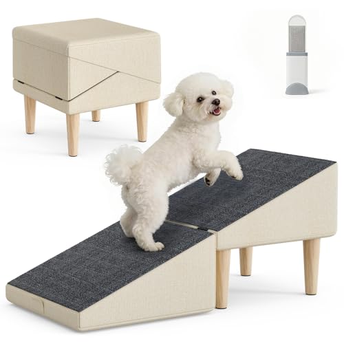 Foldable 15 Inch Dog Ramp, Ramply Split Ottoman with Detachable Washable Treads, 2-in-1 Folding Pet Ramps Stairs for Couch and Bed, Sturdy Ramp for Cats and Small to Medium Dogs - color: Khaki