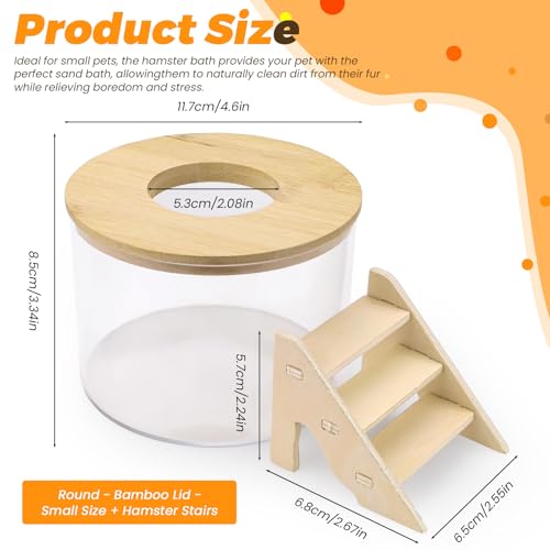 ASTIMESA Plastic Hamster Sand Bath Container with Ladder, Clear Hamster Litter Box Tub Wood Cover for Chinchilla Pet Gerbil Guinea Pig Digging Small Animal House Round