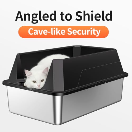 Stainless Steel Litter Box with High Sides, XL | High Sided Cat Litter Pan, Open Top Extra Large Metal Cat Litter Box, Non-Stick, Odor Free, Leakproof, Scoop Included,Black - color: Black