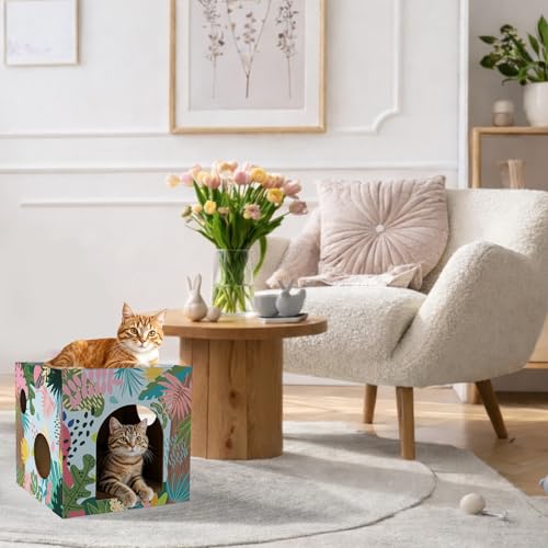 Cinrobiye Cardboard Cat House with 2 Pcs Scratching Pad，Pet Hideaway Cave Board Bed Playhouse Condo Box Decor Small Animals Scratcher Bed for Indoor Cats Kittens Rabbits Bunny - color: Green