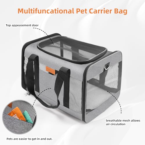 YUNIQUE Soft-Sided Cat & Dog Carrier for Pets Up to 15 Lbs, Airline Approved Collapsible Travel Puppy Carrier with Lightweight Fabric Design (Grey) - color: grey