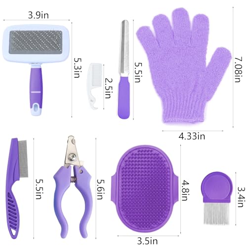 VCZONE 8 Pcs Small Animal Grooming Kit, Rabbit Grooming Kit with Pet Nail Clipper and File, Flea Comb, Pet Shampoo Bath Brush, Pet Shedding Slicker Brush, Bath Massage Glove, Cleaning Comb (Purple) - color: Purple
