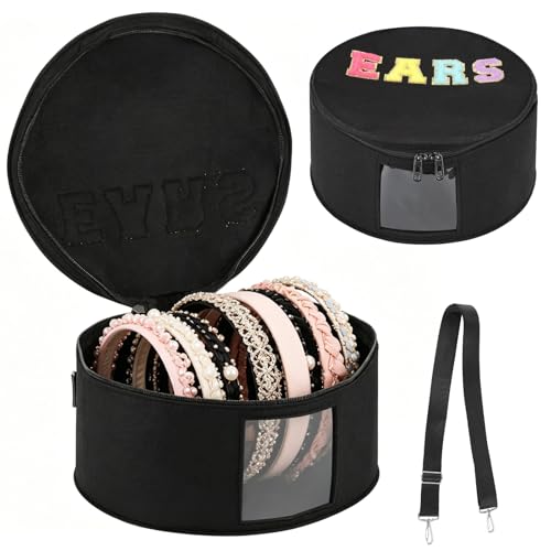 OMISTAR Bow Mouse Ears Travel Bag, Theme Park Headband Carry Case with Top Handle & Shoulder Strap, Round Black Travel Shoulder Bag, Felt Cosmetic Organizer with Clear Window