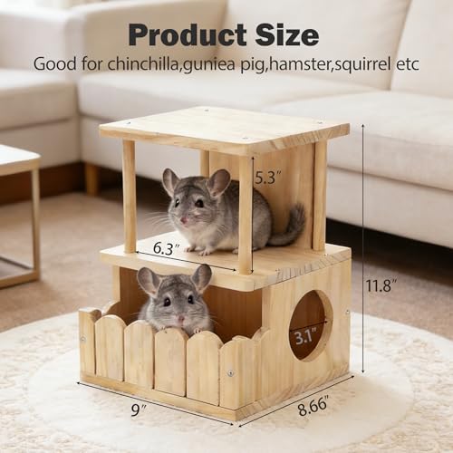 Chinchilla Hideout House Solid Wooden Chinchilla Cage Accessories | Chinchilla House No Paint Wooden Guinea Pig Hideout Small Animal Hide Hut for Chinchilla, Squirrel,Sugar Gliders(2-Layer) - style: 2-Layer