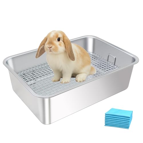 Stainless Steel Rabbit Litter Box,Bunny Litter Pan with Widened Grid,Toilet Tray,High Back Wall,Deep Waste Storage (Medium) - size: Medium