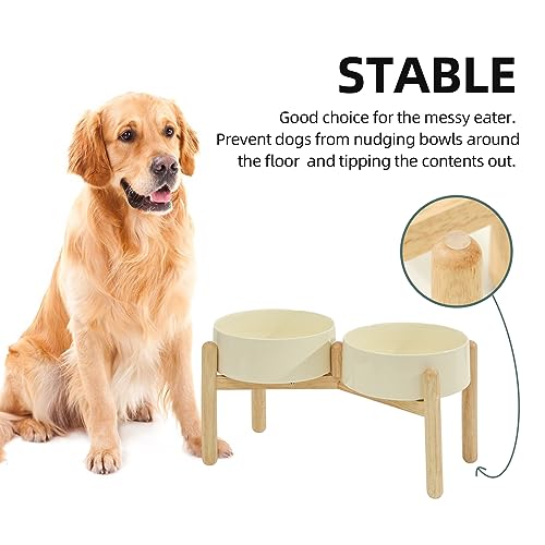 Havniva Elevated Dog Bowls Ceramic Dog Bowls with Stand, Dog Food Bowl | 8.3” Raised Dog Bowls with Non-Slip Wood Stand, Dog Food and Water Bowl Set, Double Dog Feeding Bowls for Large Dogs - color: 2 Bowls+Stand - Light Yellow, size: 8.3inch