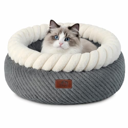 Hollypet Round Cat Bed Small Dog Beds with Detachable Cushion, Gray | Cat Bed for Indoor Cats Washable Fluffy Small Dog Bed Cozy Plush Pet Beds with Non-Slip Bottom for Pets up to 22 lbs - color: Gray and White