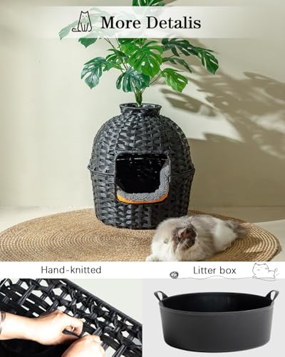 SETVSON Cat Litter Box Plant Furniture Enclosure, PE Rattan House, Black | Decorative Planter Design, Easy Clean, Artificial Plants & Real Stones Included, Private Inner Litter Box, 20" x 20" Compact - color: Black