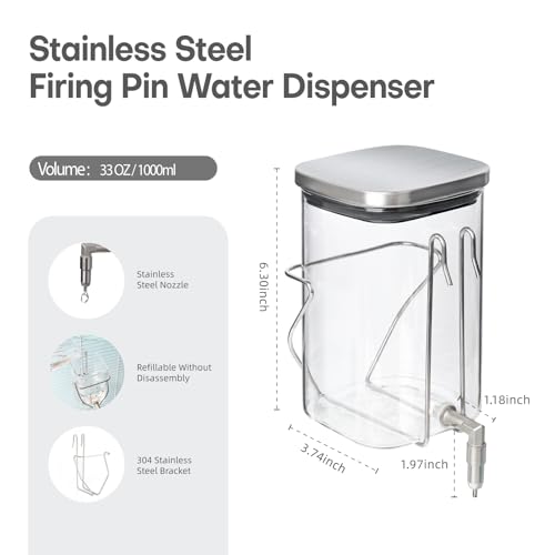 Premium Stainless Steel & Glass Pet Water Bottle - Firing Pin No-Drip Dispenser for Rabbits/Parrots/Rodents | 3 Size Options with Universal Cage Mount (1000ml) - size: 1000ml