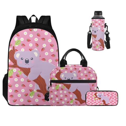 Strawberry Koala Backpacks for Girls Novelty 5Th Grade Kids Bookbag with Lunch Box Boys Water Bottle Holder and Comfy Pencil Box 4 in 1 School Bag for Kids Primary School Bags - color: Strawberry Koala