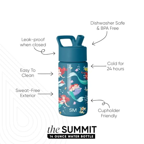 Simple Modern Disney Little Mermaid Kids Water Bottle & Toddler Cup | 14oz | Insulated Stainless Steel Princess Ariel Toddler Water Bottle, Kids Tumbler with Straw | Spill Proof for School, Girls, Boys - color: Disney-Ariel's Day Dream, size: 14 Ounces