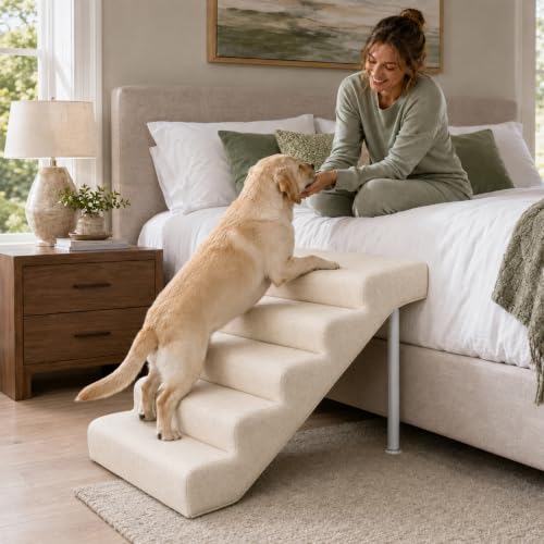 Dog Stairs for High Bed & Couch, Adjustable 5 Step Pet Steps | 19.7" Wide, For Small, Medium & Large Dogs, Non-slip Linen Faux Leather, Holds up to 150 lbs, Adjustable Height 18.5"–21.7"