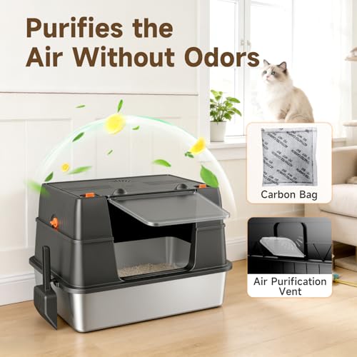 Stainless Steel Litter Box with Lid, High Sided Enclosed Metal Litter Box for Big Cats, Easy Cleaning Anti-Urine Leakage, Non-Sticky Cat Box, Front Entry Top Exit KittyBox, Includes Mat & Scoop