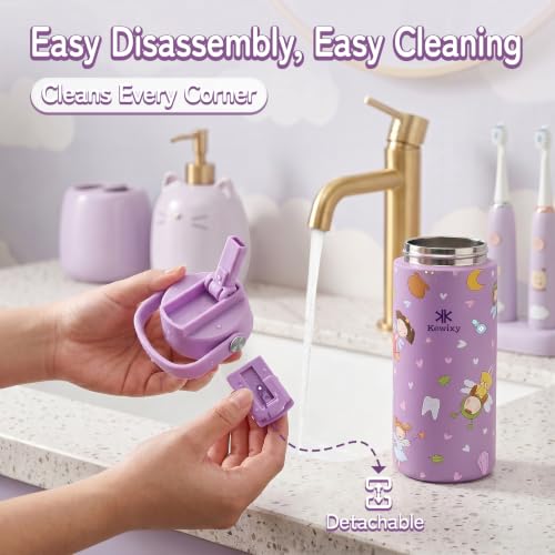 KEWIXY 14oz Water Bottle with Straw, Easy Slide Lid, Leak Proof, Keep Cold 24H, Vacuum Insulated, Metal Stainless Steel with Handle for School, Tooth Fairy - color: Tooth Fairy, size: 14 Ounces