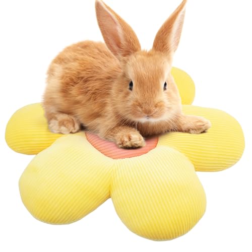 Rabbit Bed Mat, 14.9"X14.9" Soft Flower Shaped Bunny Bed, Washable Daisy Bunny Mat Double-Sided Reversible Plush Mat for Rabbit, Bunny, Cats, Dogs Yellow