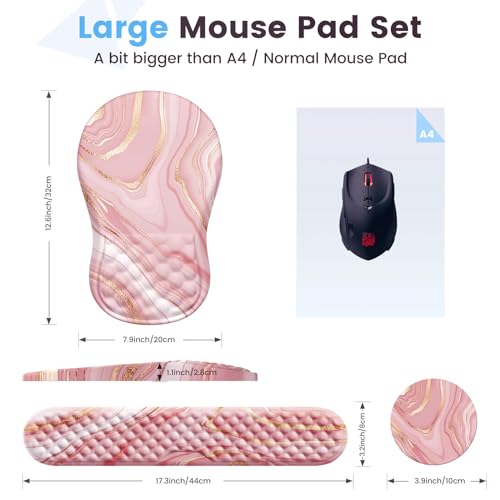 HAOCOO Ergonomic Keyboard Wrist Rest & Mouse Pad Set, Rose Gold Pink | Memory Foam Wrist Support, Ergonomic Keyboard Rest, Smooth Mouse Pad Surface, Non-Slip PU Base, Matching Coaster Set - color: Marble Rose Gold Pink Fluid